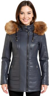 Damesblauwe gewatteerde leren parka-jas in marineblauw - Bowen - EU 52 / UK 24