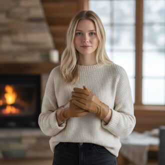 Dameshandschoenen met zachte wollen voering en bruin Italiaans leer in winterse steeklijnstijl
