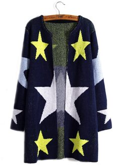 Danjeaner Herfst Winter Vrouwen Lange Mouwen Stars Gedrukt Lange Vest Europen Stijl Elegante Pocket Gebreide Bovenkleding Trui Cap