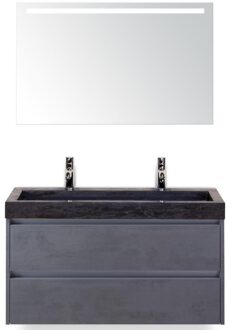 Dante Badmeubelset 100 cm - Beton Antrac - Wastafel Hardsteen Wit Lucca 2 Kraangaten met Sence Spiegel