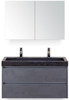 Dante Badmeubelset 100 cm - Beton Antrac - Wastafel Hardsteen Wit Lucca 2 Kraangaten met Spiegelkast