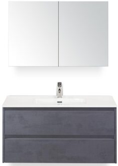 Dante Badmeubelset 100 cm - Beton Antraciet - Keramische Wastafel Wit Cover met Spiegelkast