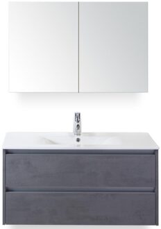 Dante Badmeubelset 100 cm - Beton Antraciet - Keramische Wastafel Wit Enjoy met Spiegelkast