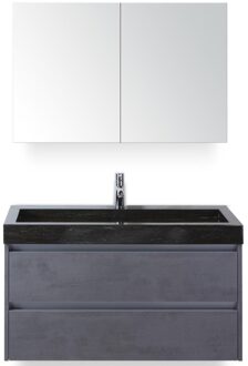 Dante Badmeubelset 100 cm - Beton Antraciet - Wastafel Hardsteen Wit Lucca met Spiegelkast