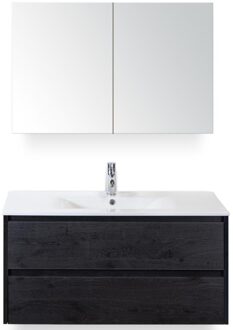 Dante Badmeubelset 100 cm - Black Oak - Keramische Wastafel Wit Enjoy met Spiegelkast