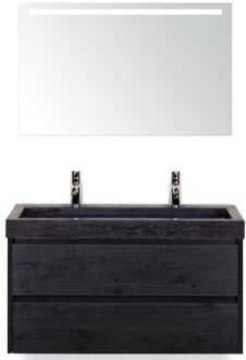 Dante Badmeubelset 100 cm - Black Oak - Wastafel Hardsteen Wit Lucca 2 Kraangaten met Sence Spiegel
