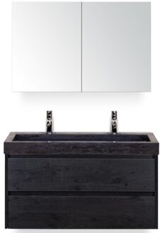 Dante Badmeubelset 100 cm - Black Oak - Wastafel Hardsteen Wit Lucca 2 Kraangaten met Spiegelkast