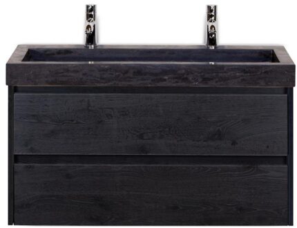 Dante Badmeubelset 100 cm - Black Oak - Wastafel Hardsteen Wit Lucca 2 Kraangaten