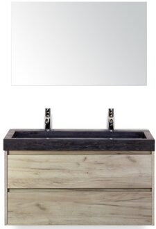 Dante Badmeubelset 100 cm - Craft Oak - Wastafel Hardsteen Wit Lucca 2 Kraangaten met Spiegel