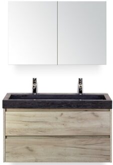 Dante Badmeubelset 100 cm - Craft Oak - Wastafel Hardsteen Wit Lucca 2 Kraangaten met Spiegelkast