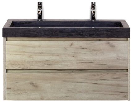 Dante Badmeubelset 100 cm - Craft Oak - Wastafel Hardsteen Wit Lucca 2 Kraangaten