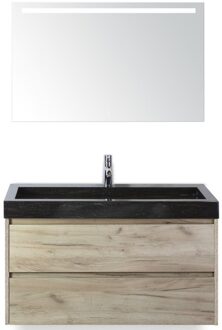 Dante Badmeubelset 100 cm - Craft Oak - Wastafel Hardsteen Wit Lucca met Sence Spiegel