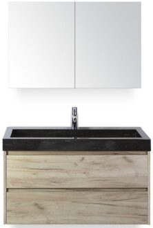 Dante Badmeubelset 100 cm - Craft Oak - Wastafel Hardsteen Wit Lucca met Spiegelkast