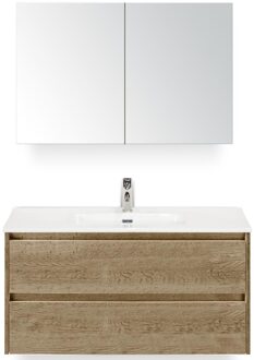 Dante Badmeubelset 100 cm - Natuur Eiken - Keramische Wastafel Wit Cover met Spiegelkast