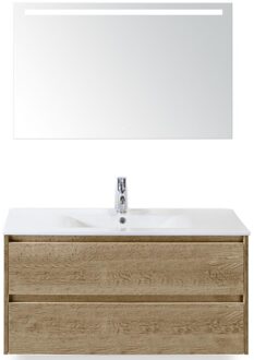 Dante Badmeubelset 100 cm - Natuur Eiken - Keramische Wastafel Wit Enjoy met Sence Spiegel