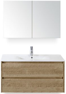 Dante Badmeubelset 100 cm - Natuur Eiken - Keramische Wastafel Wit Enjoy met Spiegelkast
