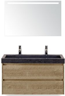 Dante Badmeubelset 100 cm - Natuur Eiken - Wastafel Hardsteen Wit Lucca 2 Kraangaten met Sence Spiegel