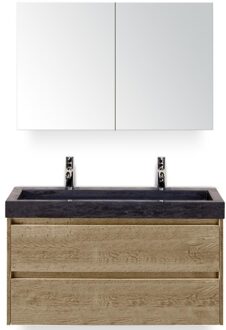 Dante Badmeubelset 100 cm - Natuur Eiken - Wastafel Hardsteen Wit Lucca 2 Kraangaten met Spiegelkast