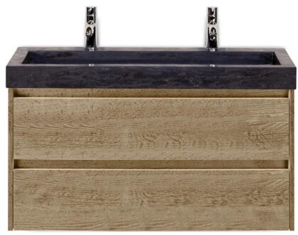 Dante Badmeubelset 100 cm - Natuur Eiken - Wastafel Hardsteen Wit Lucca 2 Kraangaten