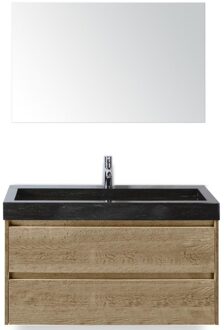 Dante Badmeubelset 100 cm - Natuur Eiken - Wastafel Hardsteen Wit Lucca met Spiegel