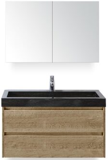 Dante Badmeubelset 100 cm - Natuur Eiken - Wastafel Hardsteen Wit Lucca met Spiegelkast