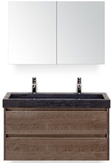 Dante Badmeubelset 100 cm - Tabacco - Wastafel Hardsteen Wit Lucca 2 Kraangaten met Spiegelkast