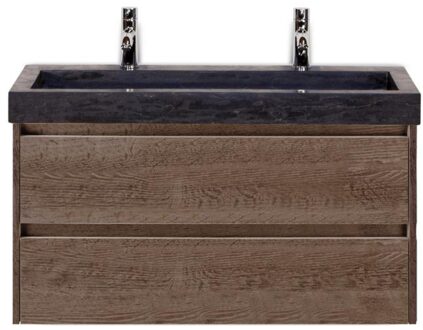 Dante Badmeubelset 100 cm - Tabacco - Wastafel Hardsteen Wit Lucca 2 Kraangaten