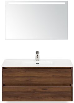 Dante Badmeubelset 100 cm - Walnoot - Keramische Wastafel Wit Cover met Sence Spiegel