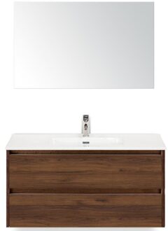 Dante Badmeubelset 100 cm - Walnoot - Keramische Wastafel Wit Cover met Spiegel