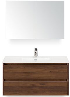 Dante Badmeubelset 100 cm - Walnoot - Keramische Wastafel Wit Cover met Spiegelkast