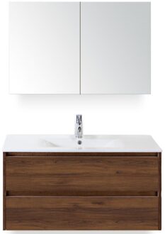 Dante Badmeubelset 100 cm - Walnoot - Keramische Wastafel Wit Enjoy met Spiegelkast