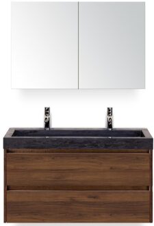 Dante Badmeubelset 100 cm - Walnoot - Wastafel Hardsteen Wit Lucca 2 Kraangaten met Spiegelkast