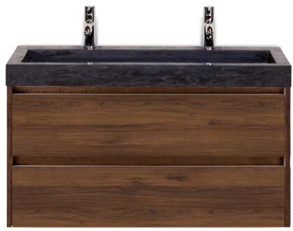 Dante Badmeubelset 100 cm - Walnoot - Wastafel Hardsteen Wit Lucca 2 Kraangaten