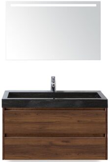 Dante Badmeubelset 100 cm - Walnoot - Wastafel Hardsteen Wit Lucca met Sence Spiegel