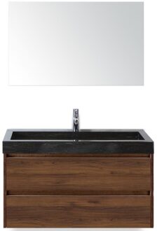 Dante Badmeubelset 100 cm - Walnoot - Wastafel Hardsteen Wit Lucca met Spiegel