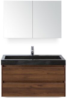 Dante Badmeubelset 100 cm - Walnoot - Wastafel Hardsteen Wit Lucca met Spiegelkast