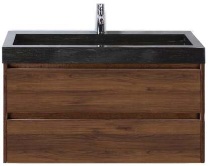 Dante Badmeubelset 100 cm - Walnoot - Wastafel Hardsteen Wit Lucca