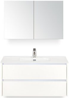 Dante Badmeubelset 100 cm - Wit Hoogglans - Keramische Wastafel Wit Cover met Spiegelkast