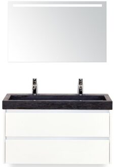 Dante Badmeubelset 100 cm - Wit Hoogglans - Wastafel Hardsteen Wit Lucca 2 Kraangaten met Sence Spiegel