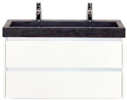 Dante Badmeubelset 100 cm - Wit Hoogglans - Wastafel Hardsteen Wit Lucca 2 Kraangaten