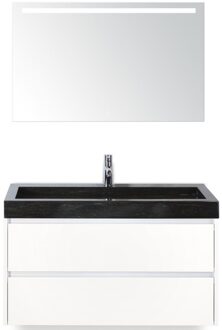 Dante Badmeubelset 100 cm - Wit Hoogglans - Wastafel Hardsteen Wit Lucca met Sence Spiegel