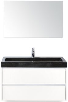 Dante Badmeubelset 100 cm - Wit Hoogglans - Wastafel Hardsteen Wit Lucca met Spiegel