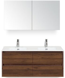 Dante Badmeubelset 120 cm - 4 Laden Walnoot - Keramische Wastafel Wit Cover met Spiegelkast