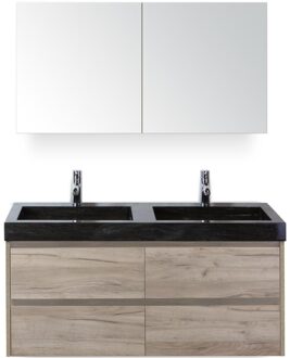 Dante Badmeubelset 120 cm - Craft Oak - Wastafel Hardsteen Wit Lucca Dubbel met Spiegelkast