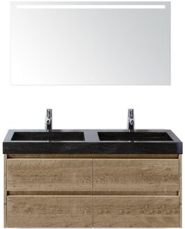 Dante Badmeubelset 120 cm - Natuur Eiken - Wastafel Hardsteen Wit Lucca Dubbel met Sence Spiegel