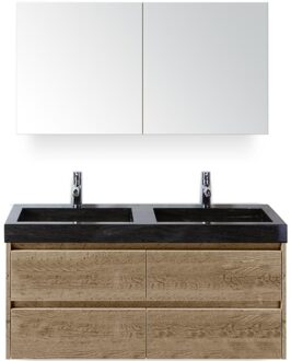 Dante Badmeubelset 120 cm - Natuur Eiken - Wastafel Hardsteen Wit Lucca Dubbel met Spiegelkast