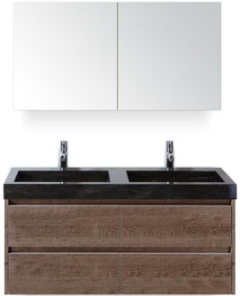 Dante Badmeubelset 120 cm - Tabacco - Wastafel Hardsteen Wit Lucca Dubbel met Spiegelkast