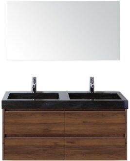 Dante Badmeubelset 120 cm - Walnoot - Wastafel Hardsteen Wit Lucca Dubbel met Spiegel