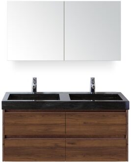 Dante Badmeubelset 120 cm - Walnoot - Wastafel Hardsteen Wit Lucca Dubbel met Spiegelkast