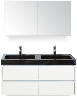 Dante Badmeubelset 120 cm - Wit Hoogglans - Wastafel Hardsteen Wit Lucca Dubbel met Spiegelkast